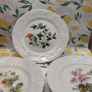 3 Dansk Dessert/Cheese/Appetizer Plates France, Painted Spring Berry Pattern